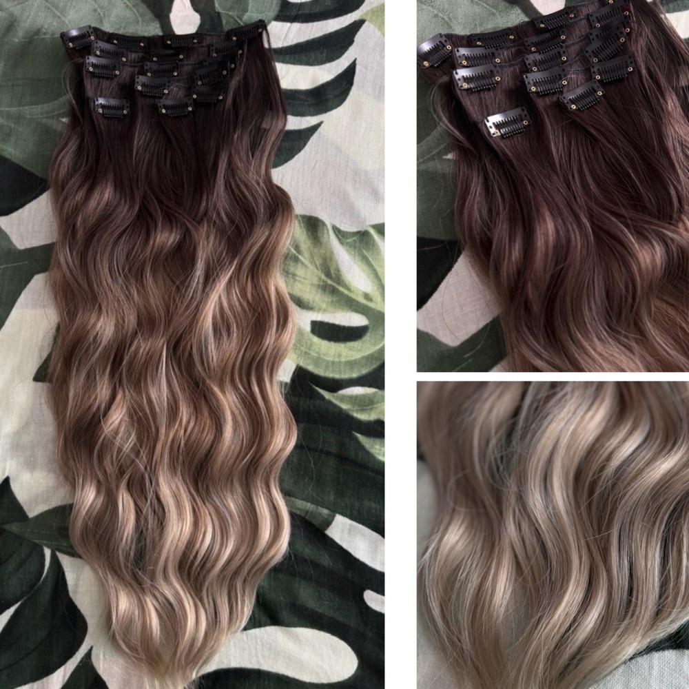 22” Human Hair Blend Clip-In Extensions – Wavy Ombre Brown to Ash Blonde